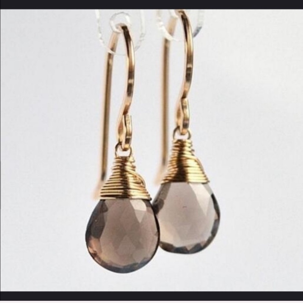 Smoky Quartz Water Drop Gold Earrings